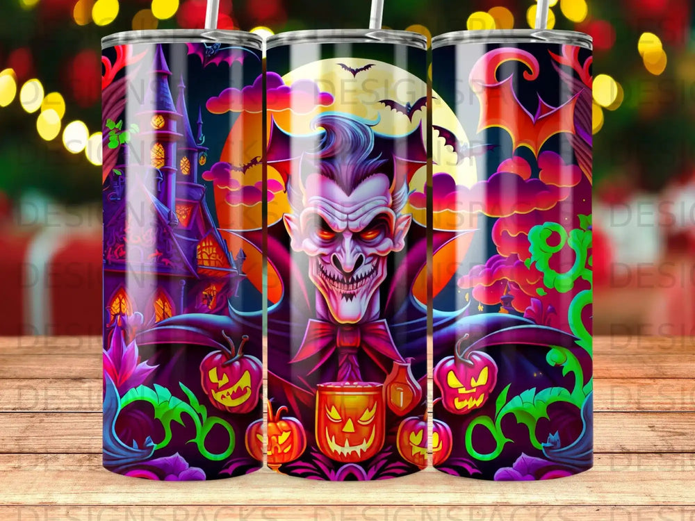 Vampire with pumpkins and spooky castle on Halloween tumbler design.
