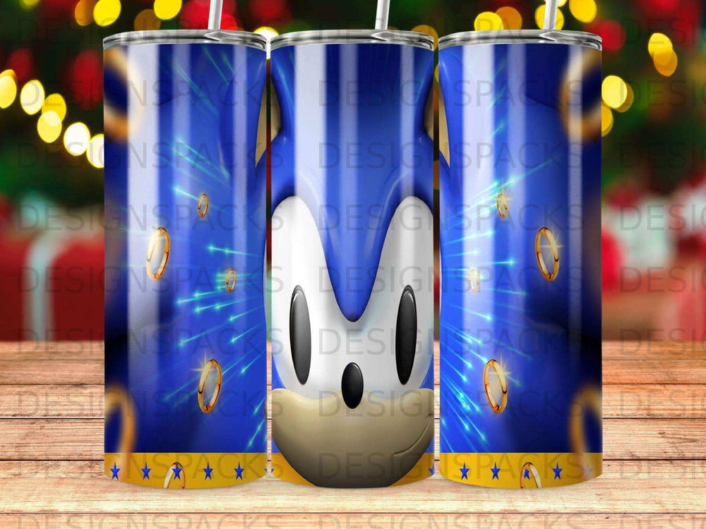 Sonic the Hedgehog's face on a blue tumbler with golden rings.