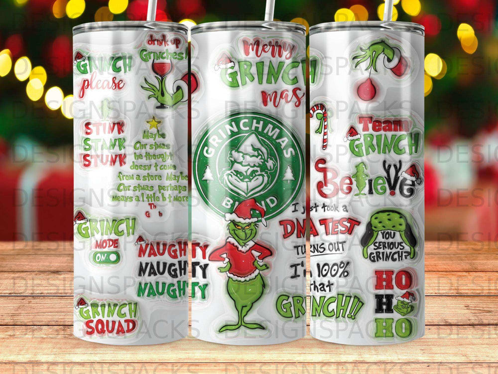 Grinch themed tumbler with various quotes and characters.