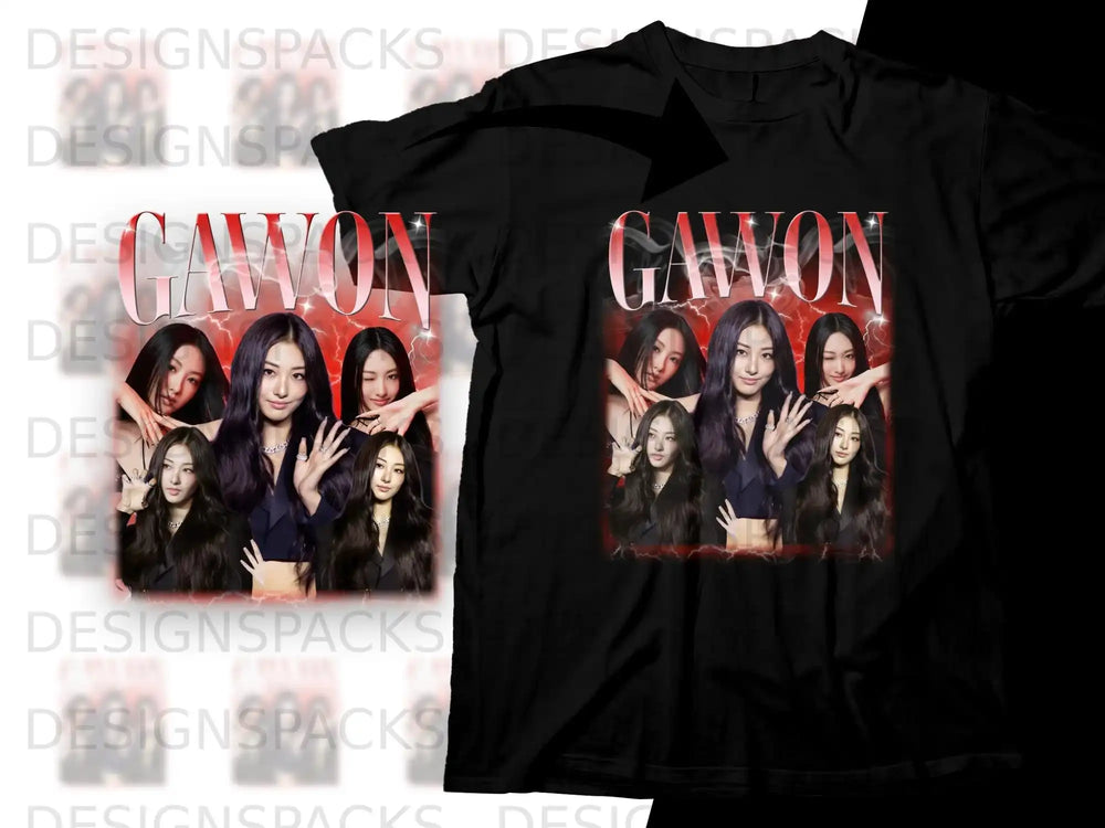 Black t-shirt featuring the K-pop group GAWON with five members.