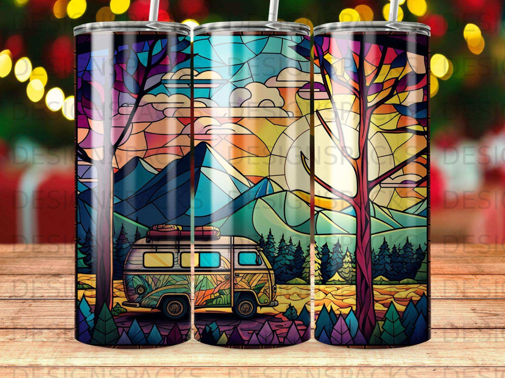 Vanlife illustration with mountains, trees, and stained glass effect.