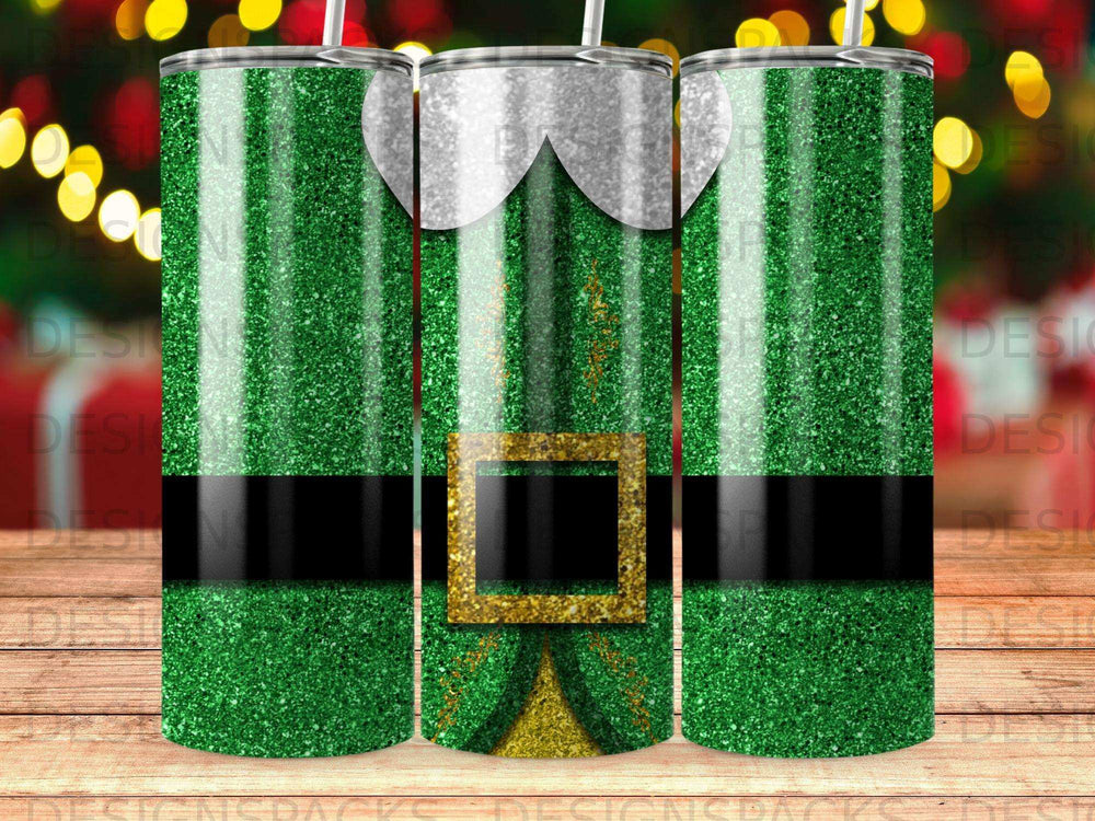 Green glitter tumbler with gold buckle and belt, resembling an elf costume.