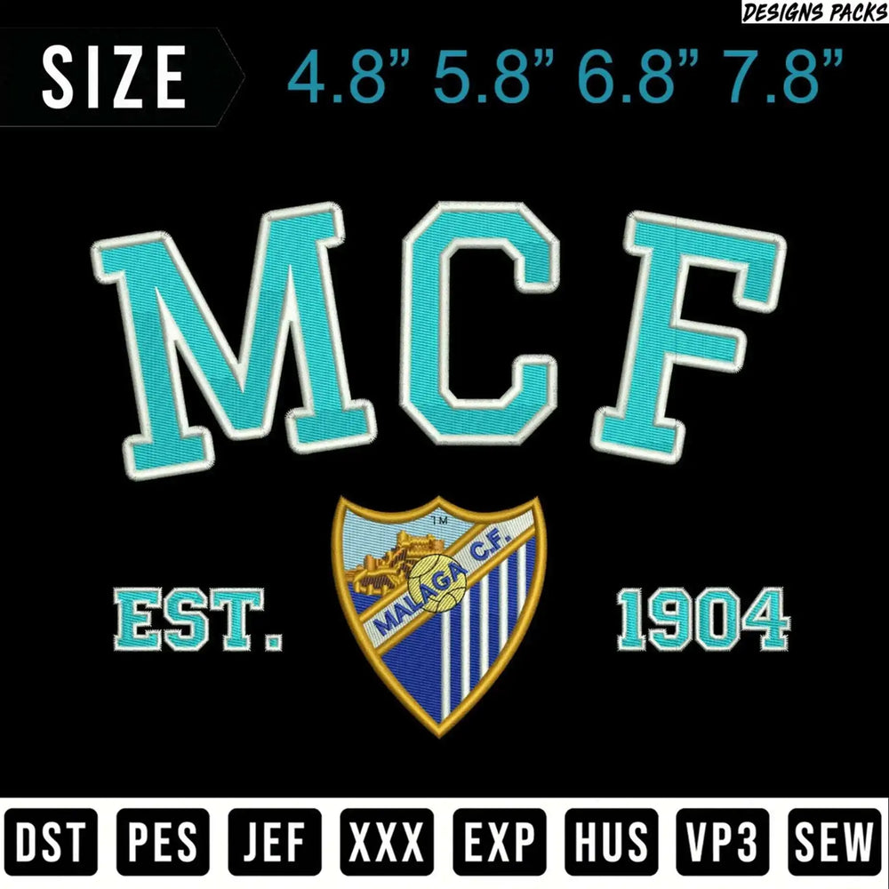MCF logo with "EST. 1904 MALAGA C.F." and file formats.