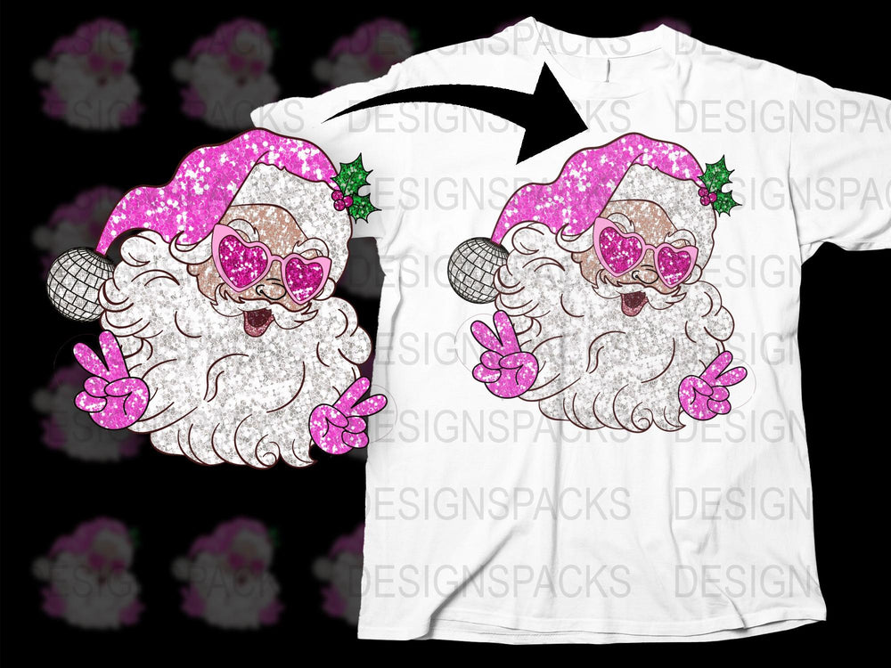 Sparkly Pink Santa Claus T-Shirt, Glitter Christmas Holiday Tee, Festive Graphic Shirt for Adults and Kids