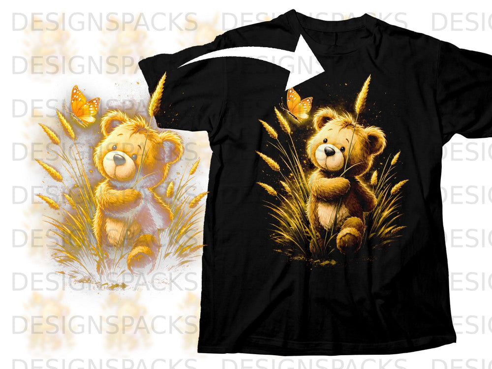 Black t-shirt featuring a cartoon teddy bear surrounded by golden wheat and an orange butterfly.