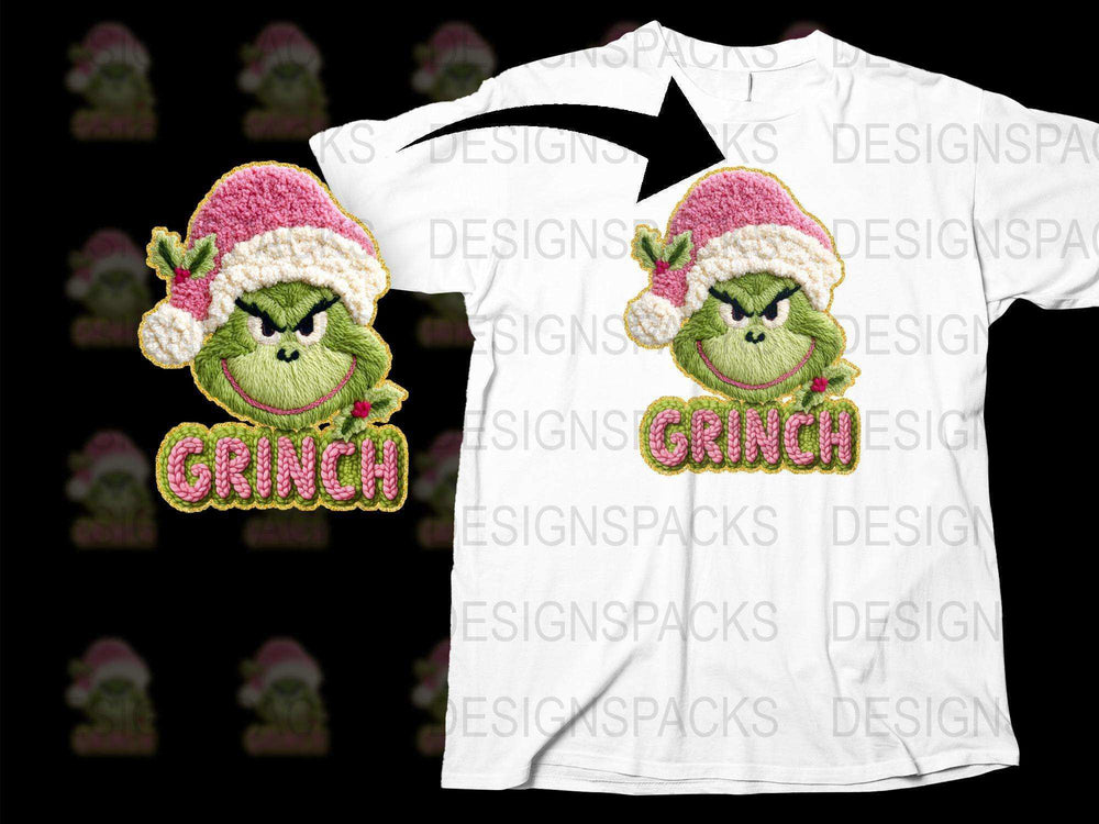 Christmas Grinch Embroidered T-Shirt, Festive Holiday Apparel, Whimsical Cartoon Character Design, Unisex Casual Wear