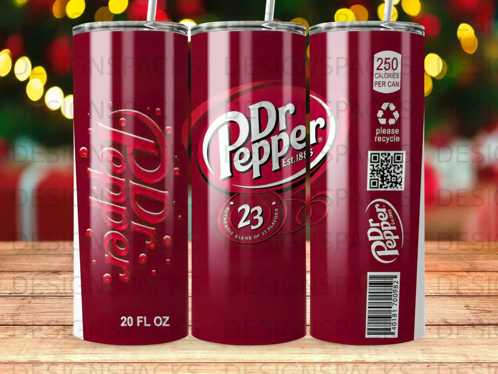 Dr Pepper 20 fl oz tumbler with logo, 23 flavors text, and nutrition facts.
