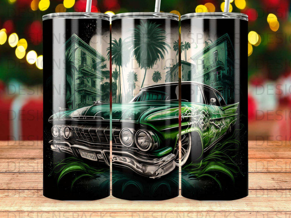 Green classic car with lightning design on a dark cityscape background.