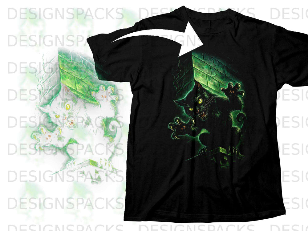 Black t-shirt with a graphic of a green-eyed black cat emerging from a cracked wall.