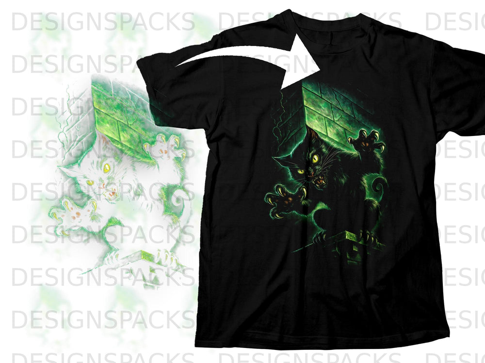 Black t-shirt with a graphic of a green-eyed black cat emerging from a cracked wall.