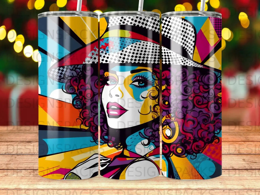 Colorful illustration of a woman with a hat and curly hair, repeated three times.