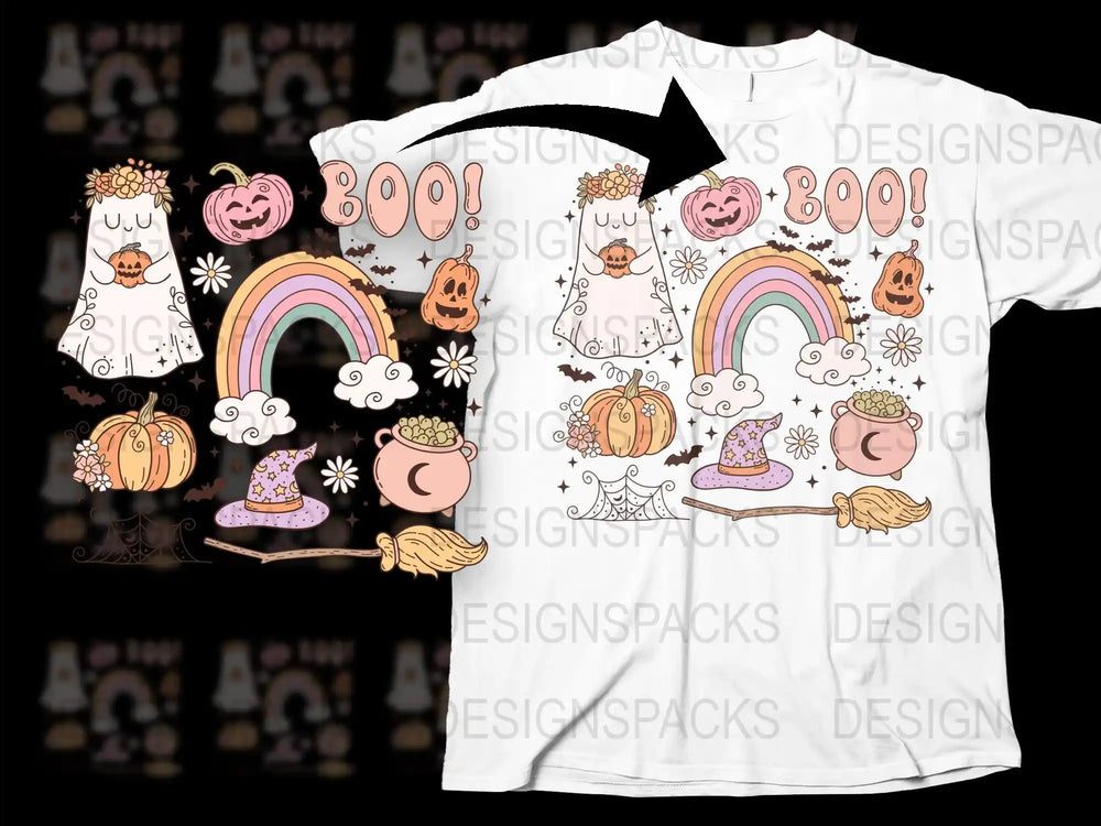 Cute Halloween T-Shirt for Kids, Cartoon Ghosts Pumpkins Rainbow Graphic Tee, Fall Festival Clothing