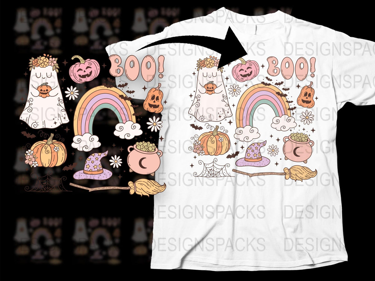 Cute Halloween T-Shirt for Kids, Cartoon Ghosts Pumpkins Rainbow Graphic Tee, Fall Festival Clothing