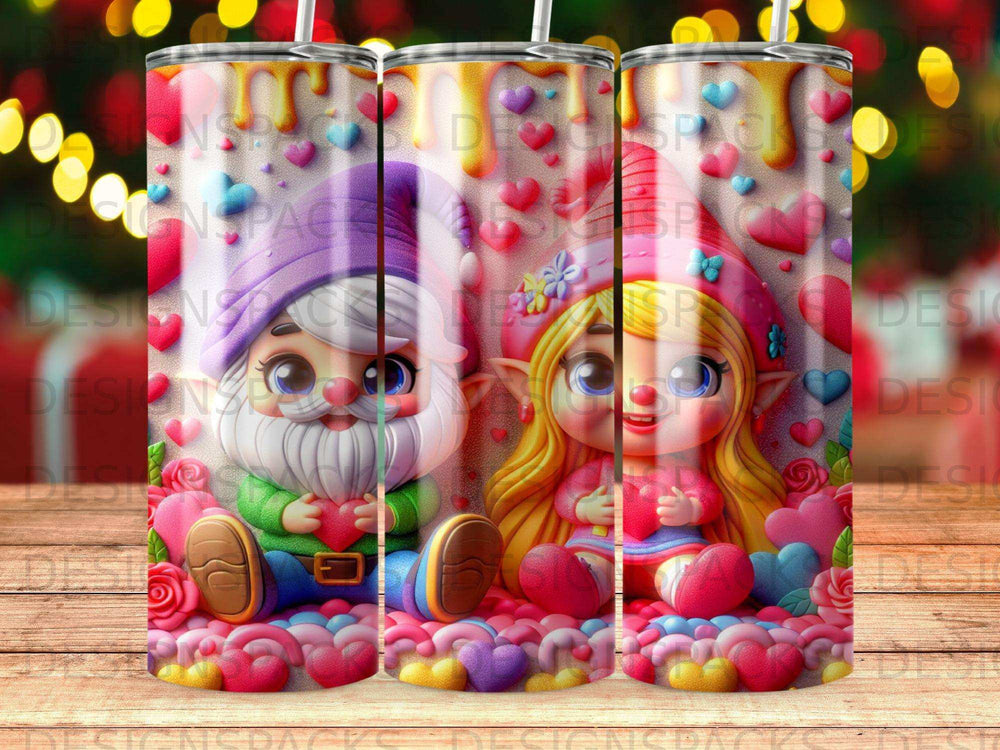 Gnome and fairy holding hearts on patterned background.