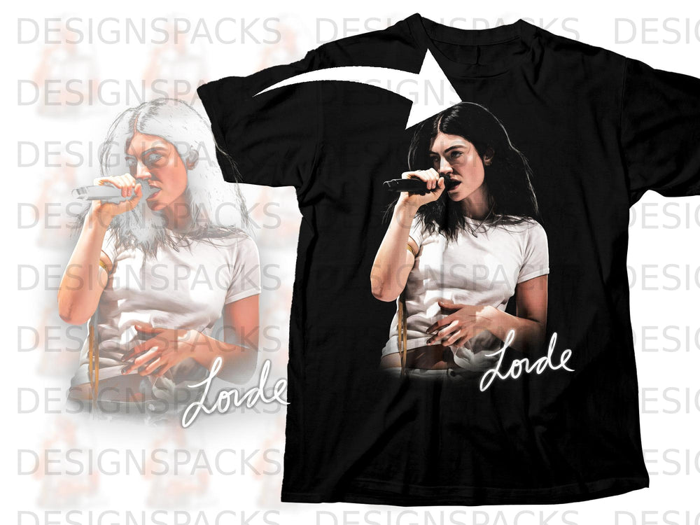 Black t-shirt featuring a graphic of singer Lorde holding a microphone and her name.