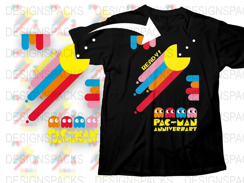 Vintage Pac-Man Anniversary T-Shirt, Retro Arcade Game Tee, Colorful Graphic Design, Unisex Black Shirt