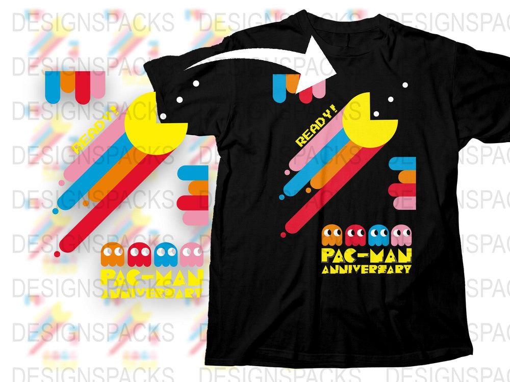 Vintage Pac-Man Anniversary T-Shirt, Retro Arcade Game Tee, Colorful Graphic Design, Unisex Black Shirt