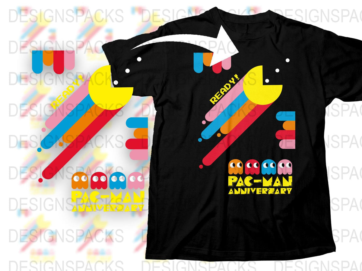 Vintage Pac-Man Anniversary T-Shirt, Retro Arcade Game Tee, Colorful Graphic Design, Unisex Black Shirt