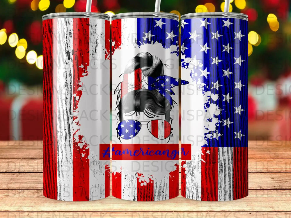 Tumbler with distressed American flag pattern and messy bun hairstyle.