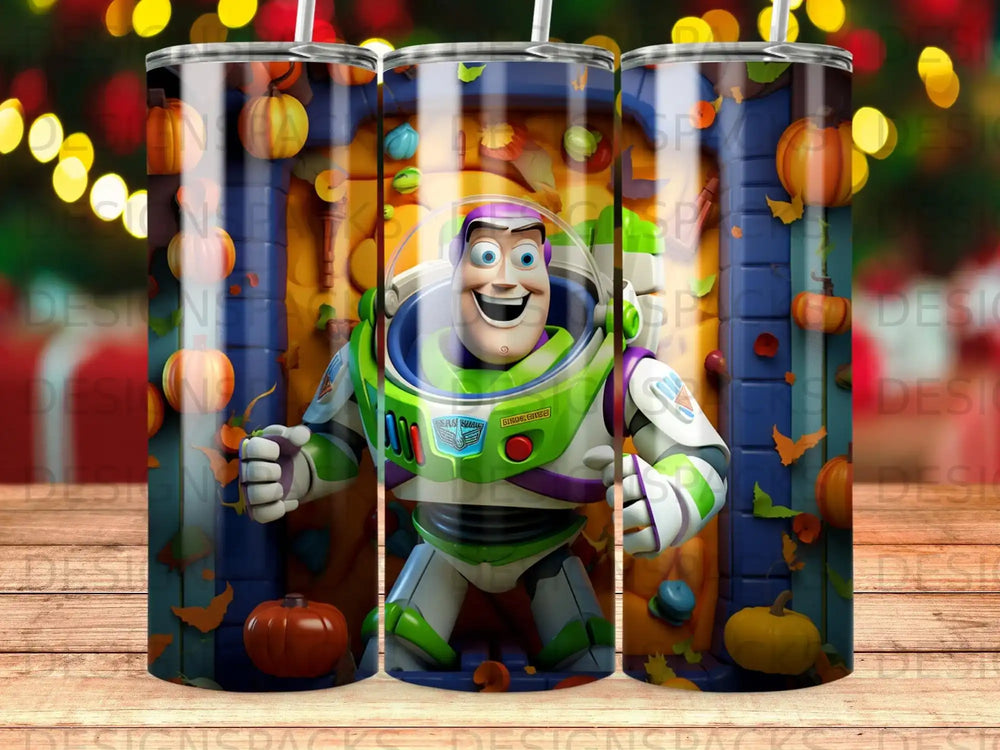 Buzz Lightyear in Halloween costume with pumpkins and autumn leaves.