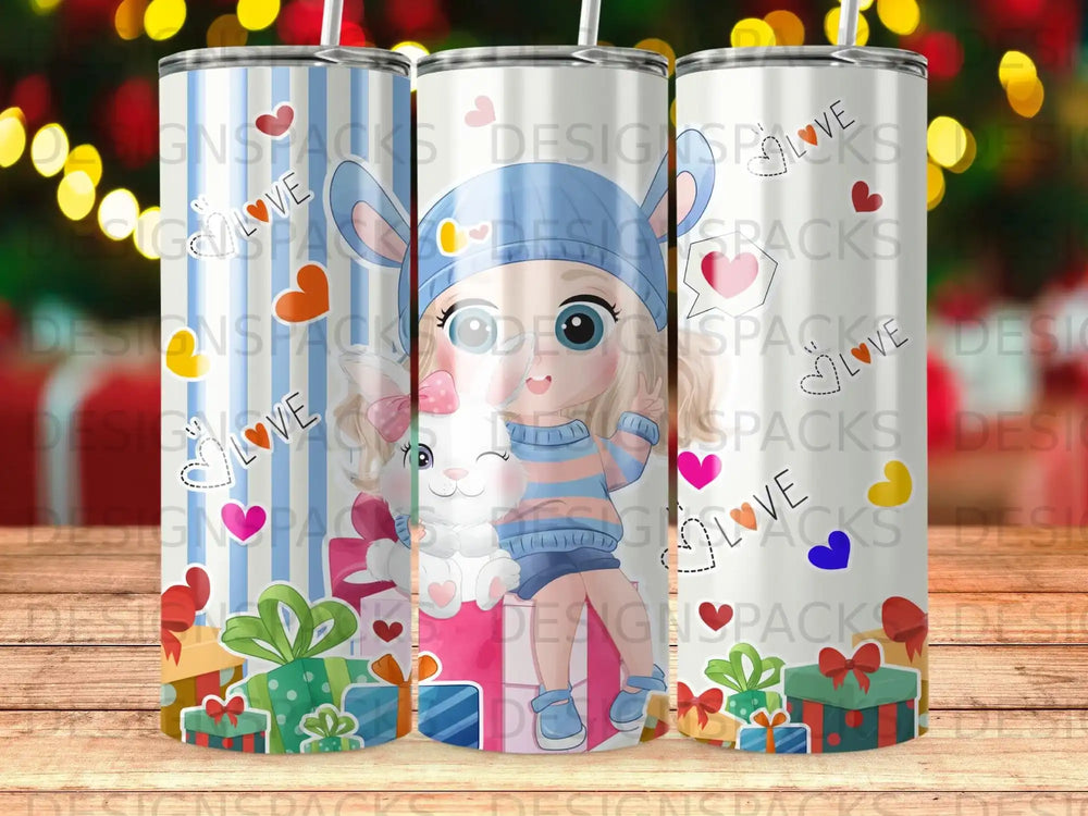 Illustration of three tumblers with cartoon rabbits, gifts, and hearts.