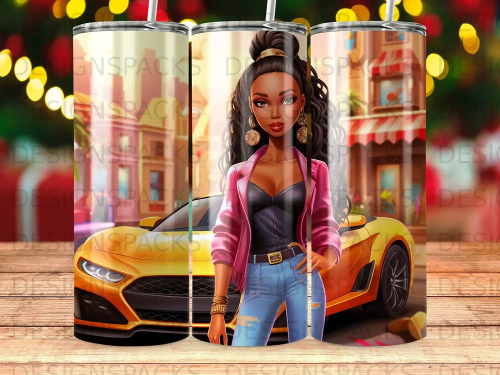 Woman in pink jacket and jeans leaning on yellow sports car.