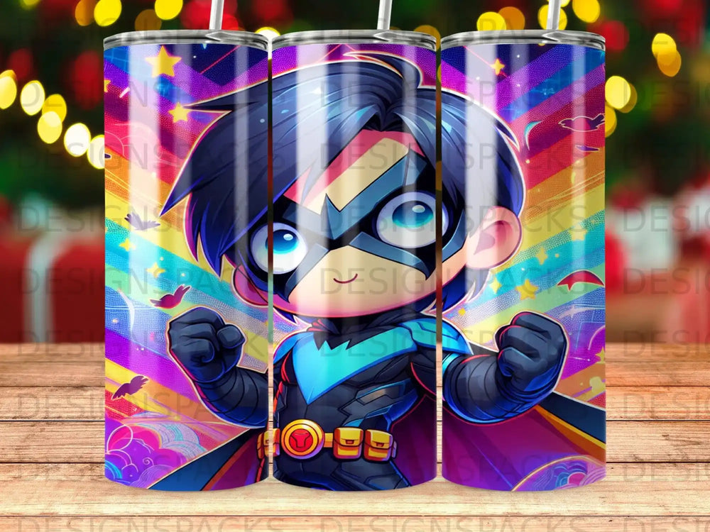 Superhero character with outstretched arms and rainbow background.