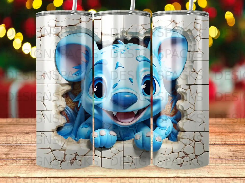 Blue cartoon character emerging from cracked wall texture with festive lights background.
