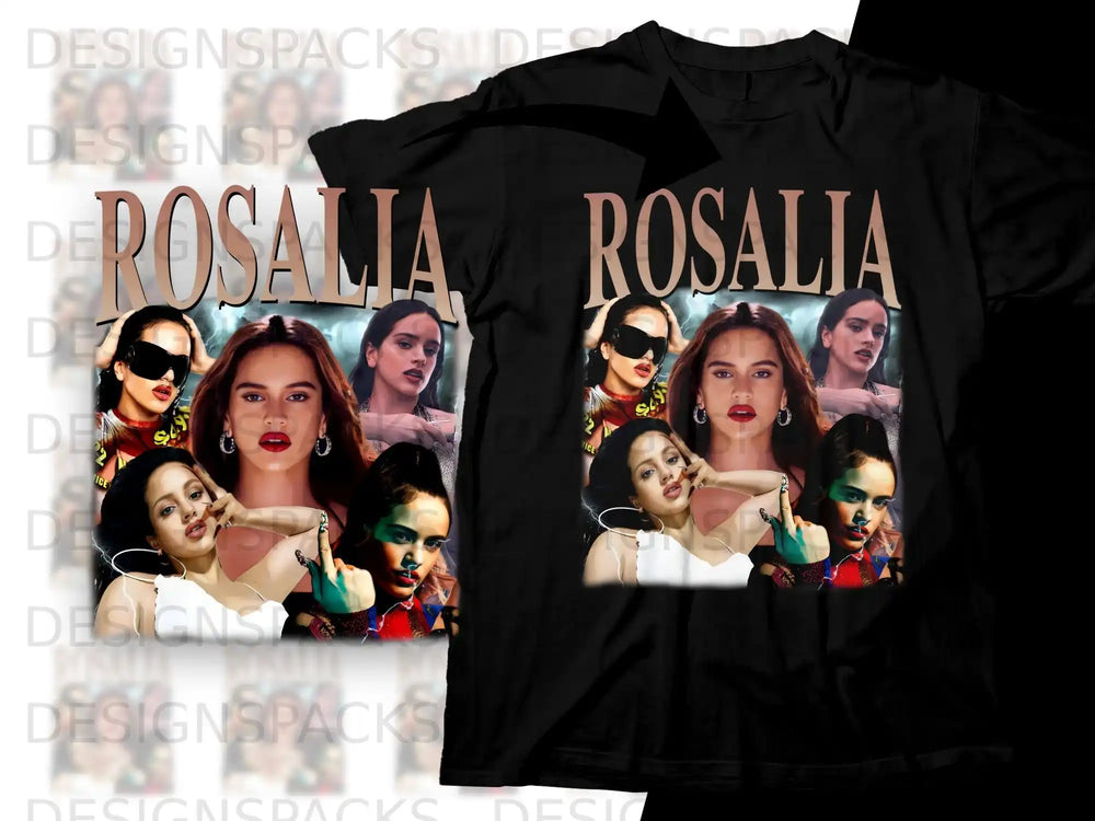 Black t-shirt with Rosalía collage and "ROSALIA" text.