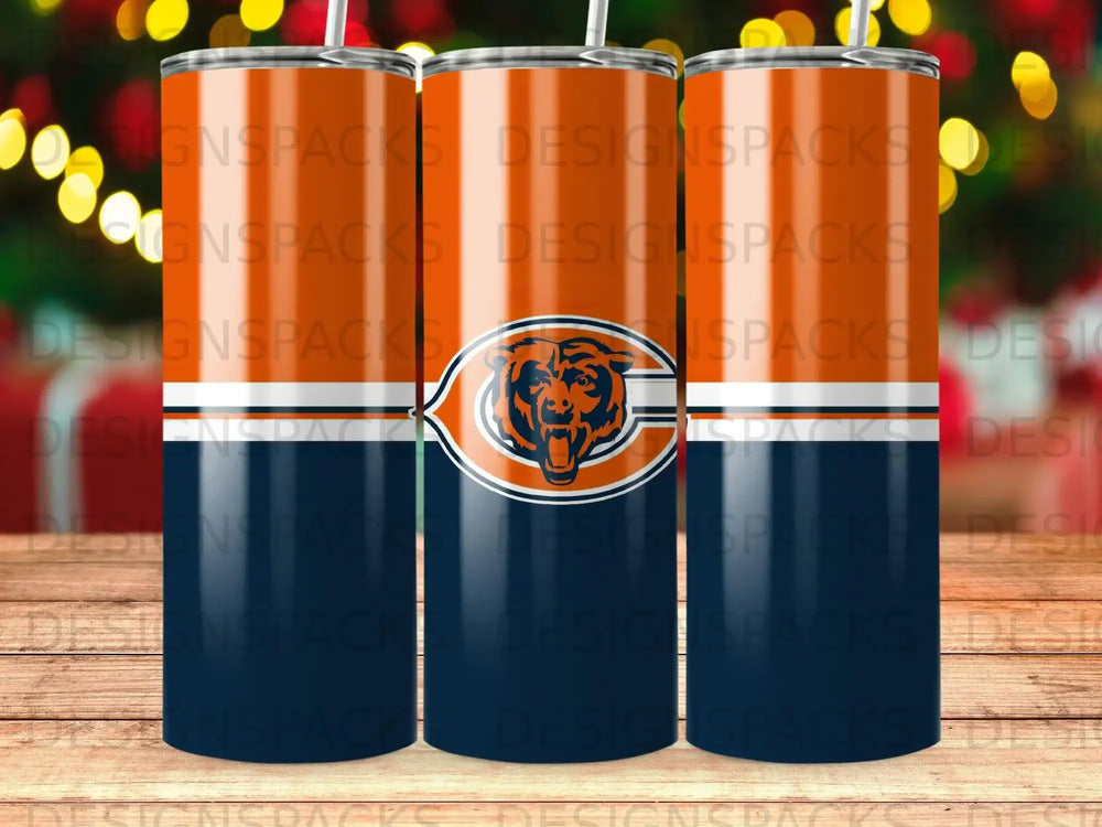 Chicago Bears logo tumbler with navy and orange gradient design.