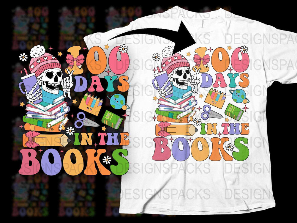 Colorful Skeleton Reading Shirt, 100 Days in the Books, Kids School T-Shirt, Educational Graphic Tee, Fun School Celebration Top