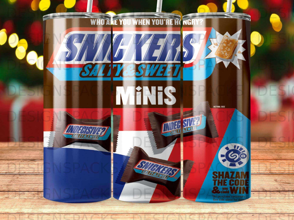 Snickers Salty & Sweet Minis candy bar packaging with "WHO ARE YOU WHEN YOU'RE HUNGRY?" text.