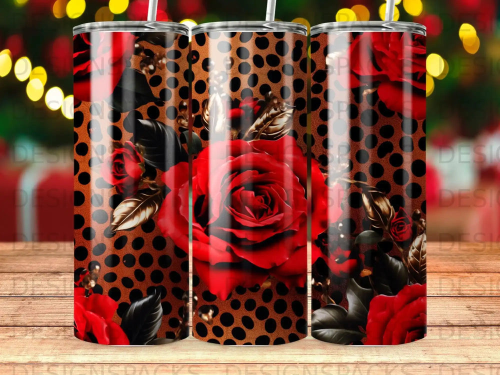 Red roses and black polka dots on a tall tumbler.