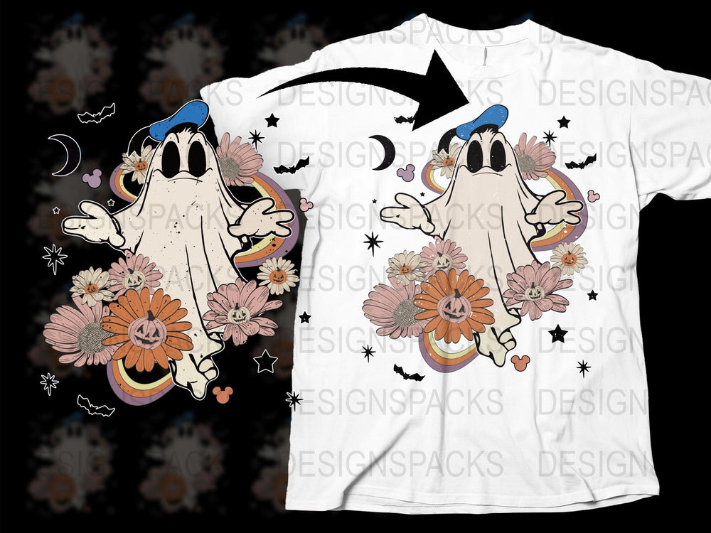 Cute Ghost Graphic T-Shirt, Whimsical Floral Pattern, Unisex Casual Tee, Trendy Halloween Apparel, Soft Cotton, All Sizes Available.