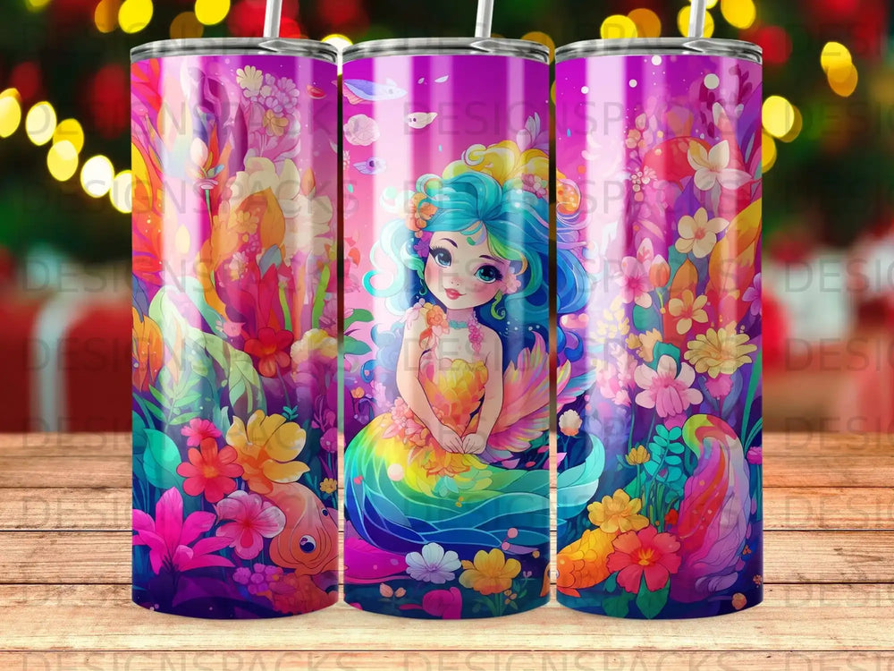 Mermaid with rainbow tail and colorful floral background.