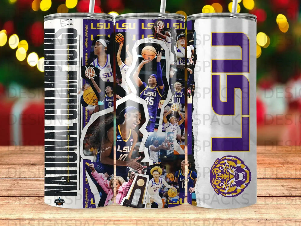 LSU Tigers National Champions tumbler with team logos and player images.