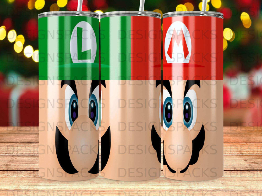 Two Mario and Luigi themed tumblers with straws.