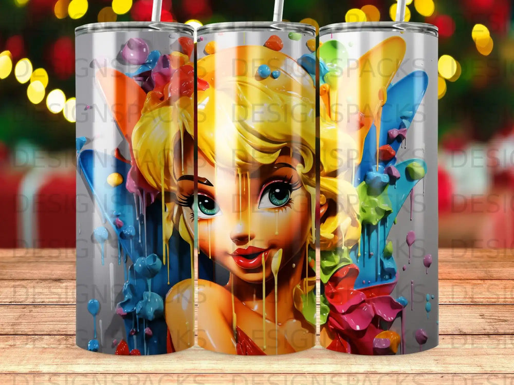Fairy with colorful paint drips on her face and body.