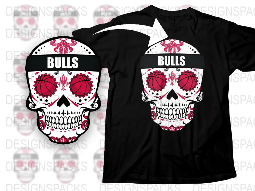 Bulls Skull Graphic T-Shirt, Men's Sports Team Fan Apparel, Black and Red Skull Design, Unique Basketball Supporter Tee