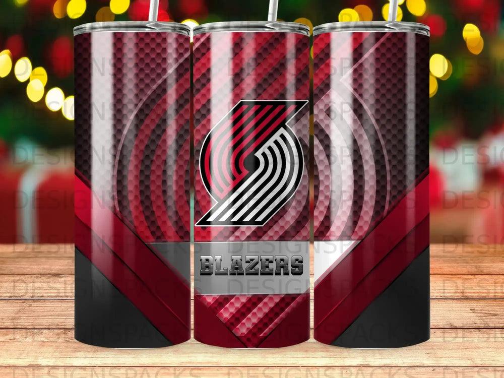 Portland Trail Blazers logo on a black and red patterned tumbler.