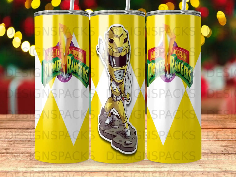 Yellow Mighty Morphin Power Ranger character on a tumbler.