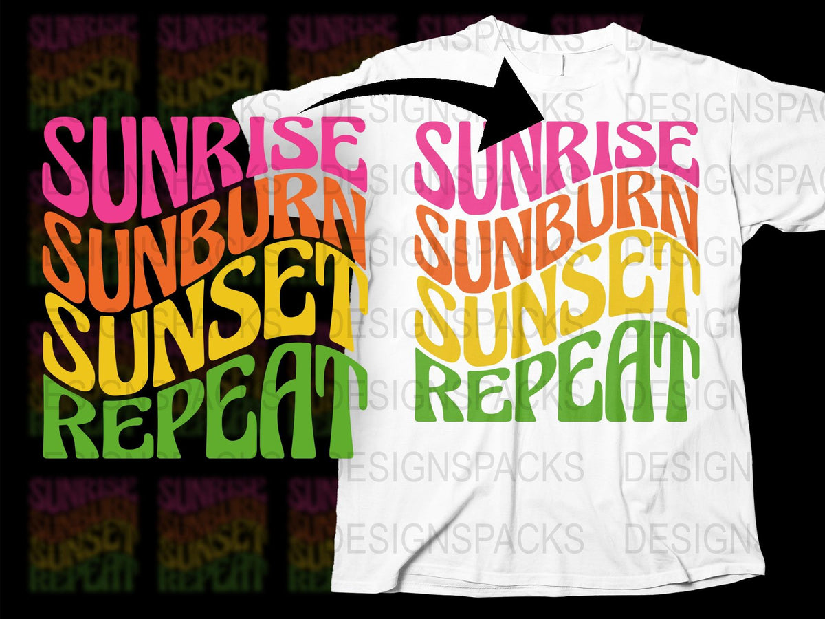 Colorful Sunrise Sunburn Sunset Repeat T-Shirt, Summer Beach Vacation Tee, Casual Graphic Shirt for Men and Women