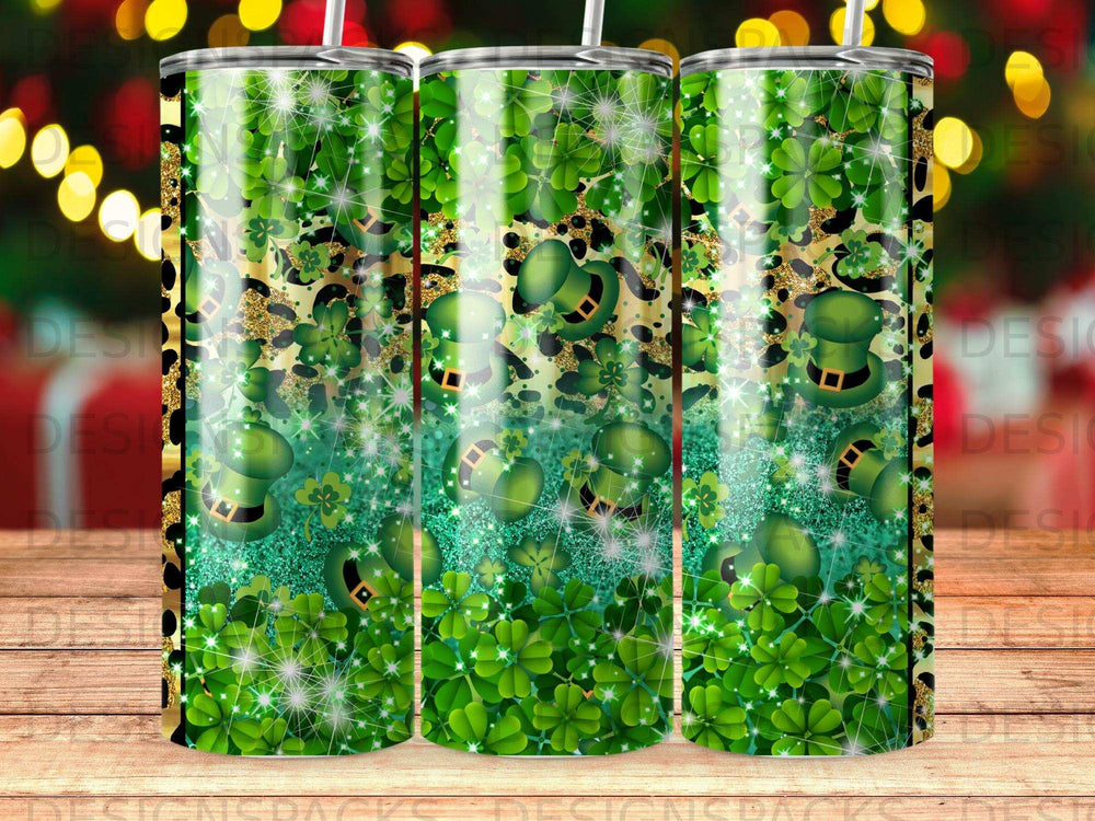 Green shamrocks and glitter with leopard print and St. Patrick's Day hats.