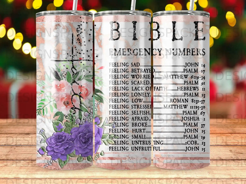 Tumbler with "Bible Emergency Numbers" and corresponding scripture references.