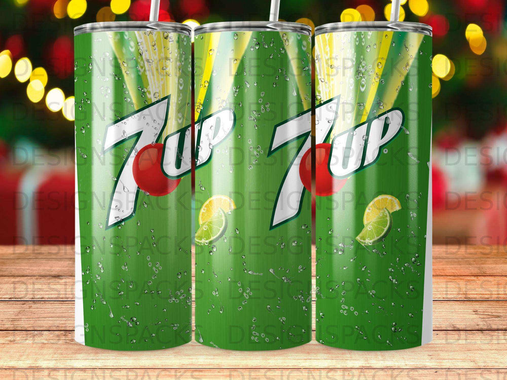 Green 7UP tumbler with lime slices and pattern.
