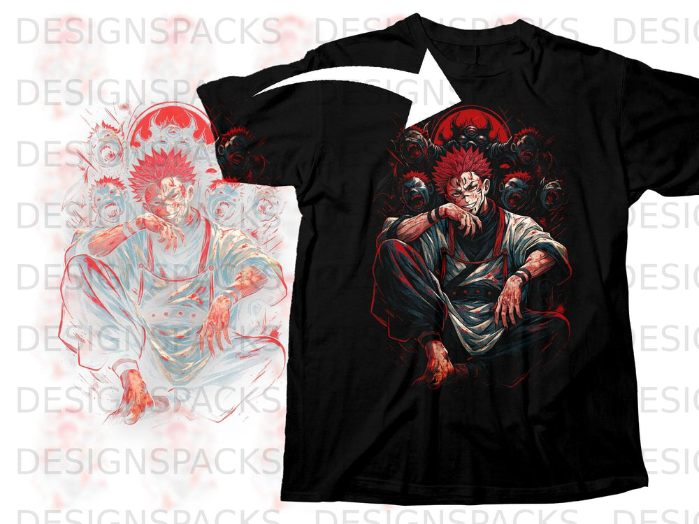 Black t-shirt with anime character and demonic figures in red and blue.