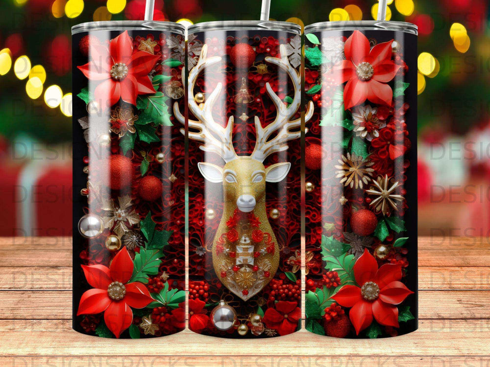 Red poinsettias and gilded deer on a black tumbler with bokeh lights.