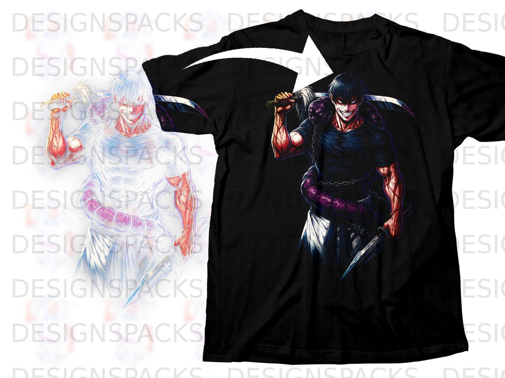 Black t-shirt featuring anime character with sword and purple tendrils.