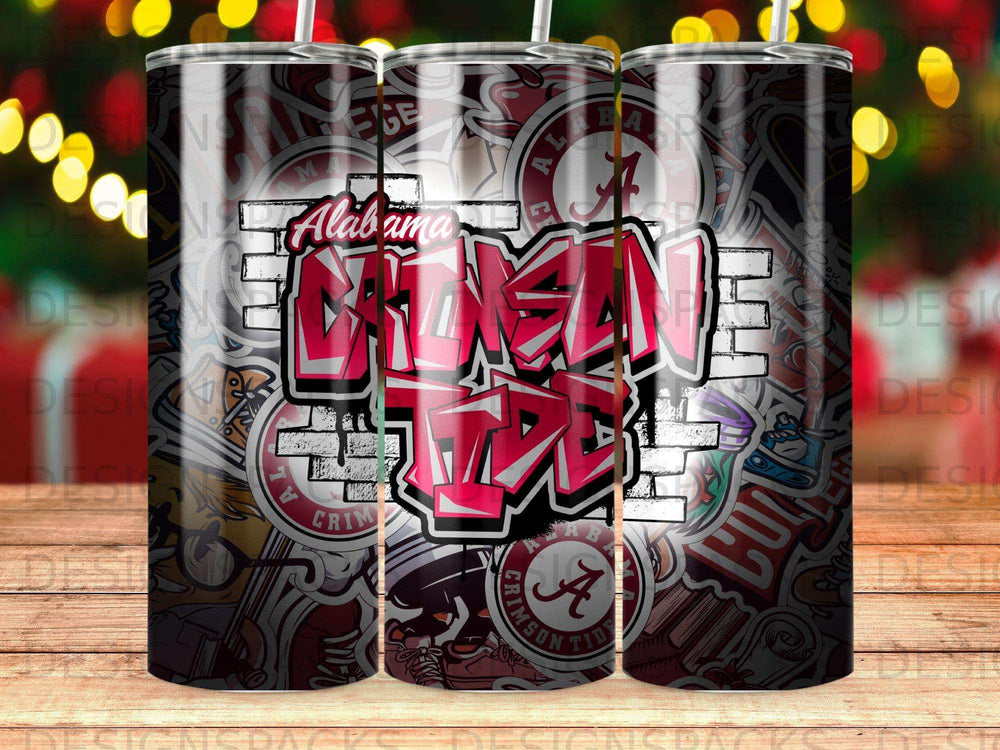 Alabama Crimson Tide tumbler with brick pattern background.