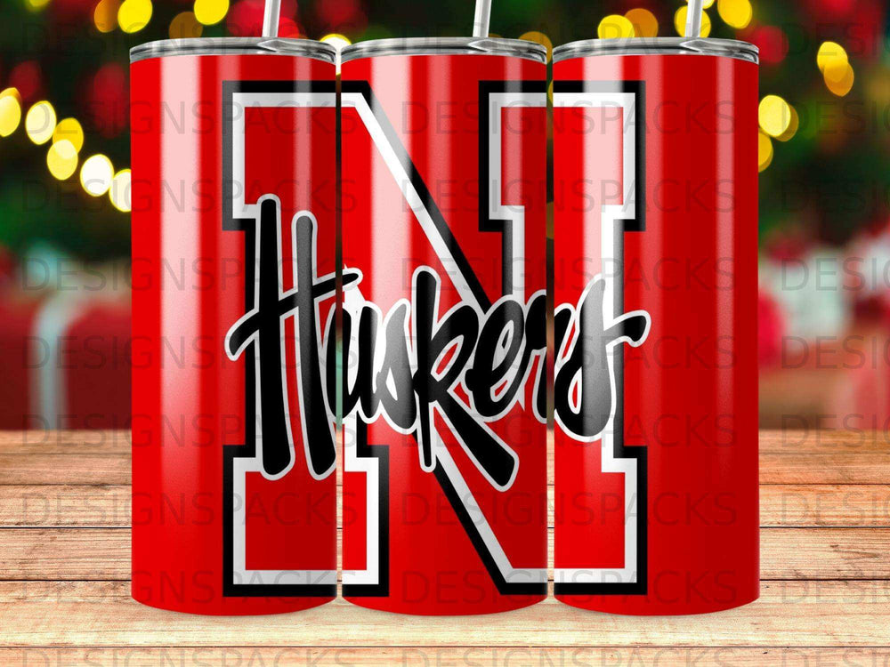 Red tumbler with Nebraska Huskers logo.